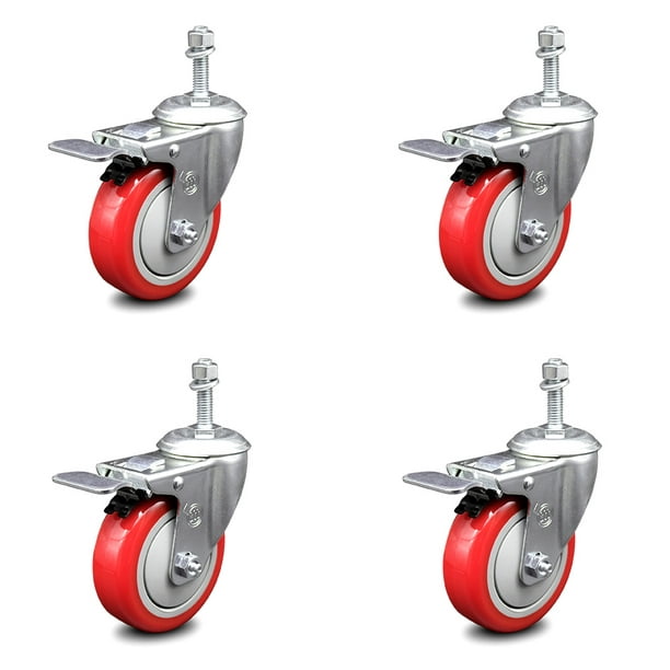 Red Polyurethane Swivel Threaded Stem Caster Set of 4 w/4 x 1.25 Wheels and 12mm Stems Service Caster Brand 1200 lbs Total Capacity Includes 2 with Top Locking Brake 